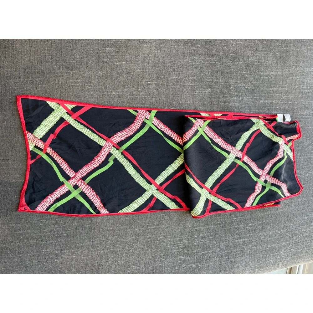 Talbots Silk Rectangle Scarf Large Plaid Black Red and Green Head Scarf 56